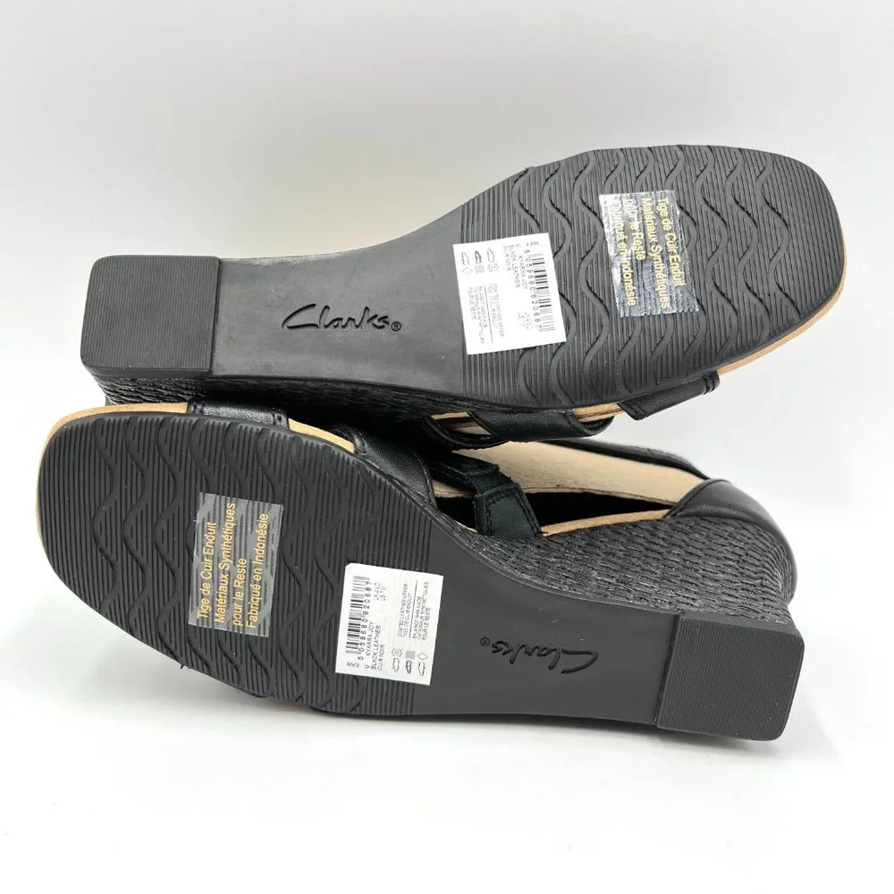 Clarks Womens Size 7 7M Kyarra Joy Black Leather Wedges‎ Sandals Shoes